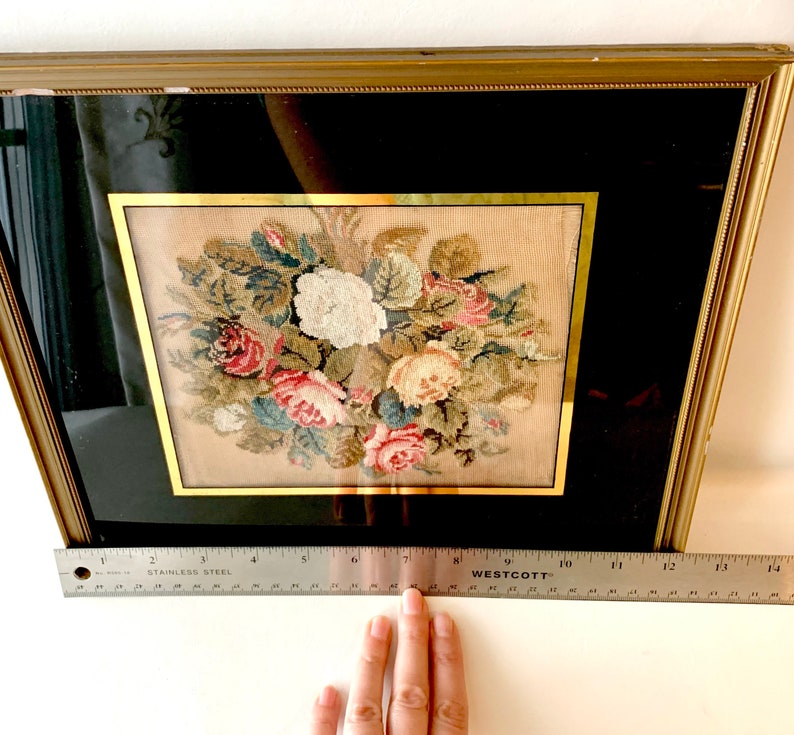 Vintage 1800\u2019s Floral Embroidery w Black Glass Frame