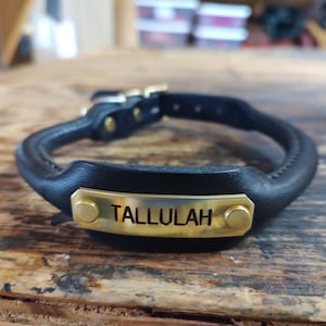 Puede incluir: Collar de perro de cuero negro con una placa de nombre de metal dorado grabada con el nombre "Tallulah".