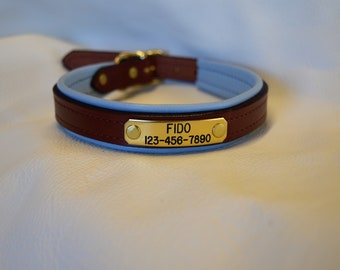 May include: A brown and light blue pet collar featuring a gold-toned metal nameplate engraved with the text FIDO and the phone number 123-456-7890. The collar includes a gold-toned metal buckle and rivets, with a padded light blue interior lining.