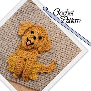 May include: Crochet pattern for a golden retriever dog. The dog is sitting with its tongue sticking out. The pattern is shown on a gray crocheted background.