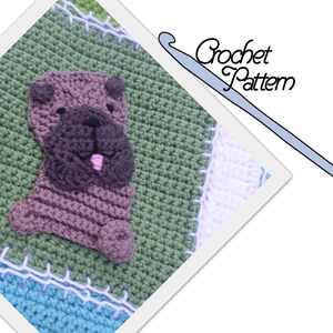 May include: Crochet pattern for a brown and gray pug dog with a pink nose. The pattern is on a green, white, and blue crocheted background. The text "Crochet Pattern" is written in black on a white background.