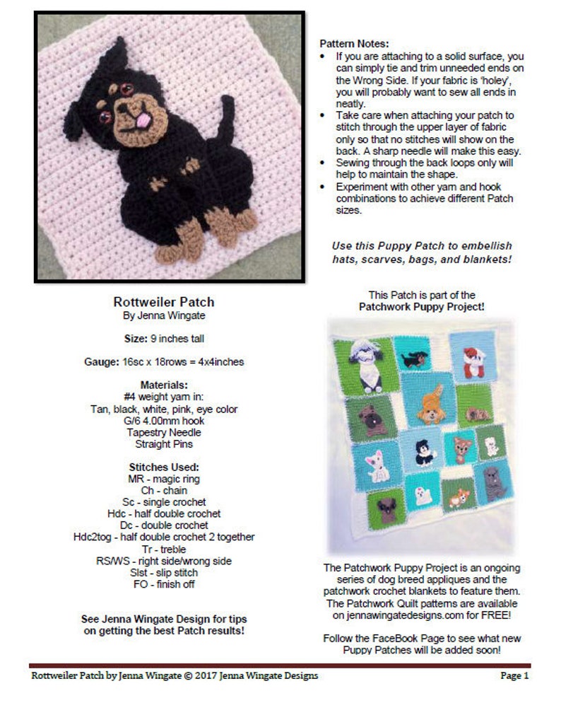 Może przedstawiać: Wz&oacute;r na szydełkowanie aplikacji psa rasy Rottweiler, o wysokości 23 cm. Wz&oacute;r zawiera instrukcje dotyczące materiał&oacute;w, ścieg&oacute;w i gęstości. Wz&oacute;r jest częścią projektu Patchwork Puppy Project.