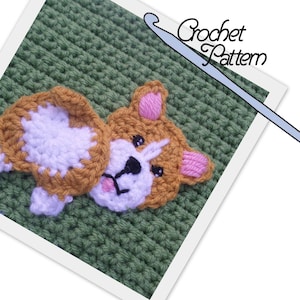May include: Crochet pattern for a cute, brown and white dog with pink ears. The dog is lying on its back with its legs in the air. The pattern is written in English and includes instructions for crocheting the dog's body, head, ears, and tail.