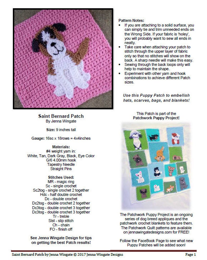 Peut inclure: Un mod&egrave;le de crochet pour une applique de chien Saint-Bernard, mesurant 23 cm de haut. Le mod&egrave;le comprend des instructions pour cr&eacute;er l'applique en utilisant divers points de crochet, notamment le point simple, le point double et le point triple. Le mod&egrave;le comprend &eacute;galement une liste des mat&eacute;riaux n&eacute;cessaires, tels que le fil, un crochet et une aiguille &agrave; tapisserie. Le mod&egrave;le fait partie du projet Patchwork Puppy Project, qui pr&eacute;sente une s&eacute;rie d'appliques de races de chiens qui peuvent &ecirc;tre utilis&eacute;es pour cr&eacute;er des couvertures en patchwork.