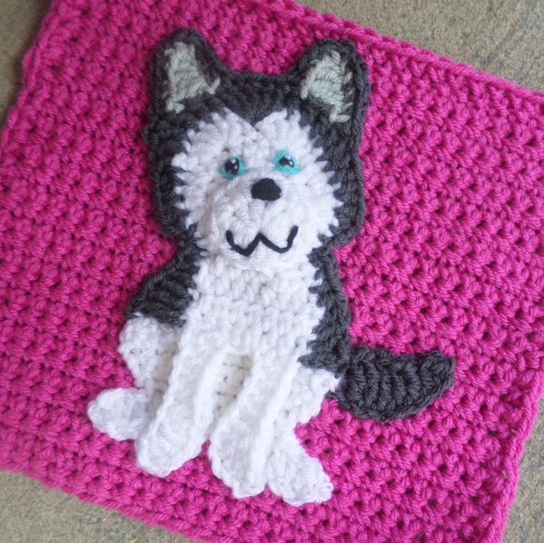 May include: A crocheted square with a white husky dog applique. The dog has black and gray fur, blue eyes, and a pink nose. The square is a bright pink color.