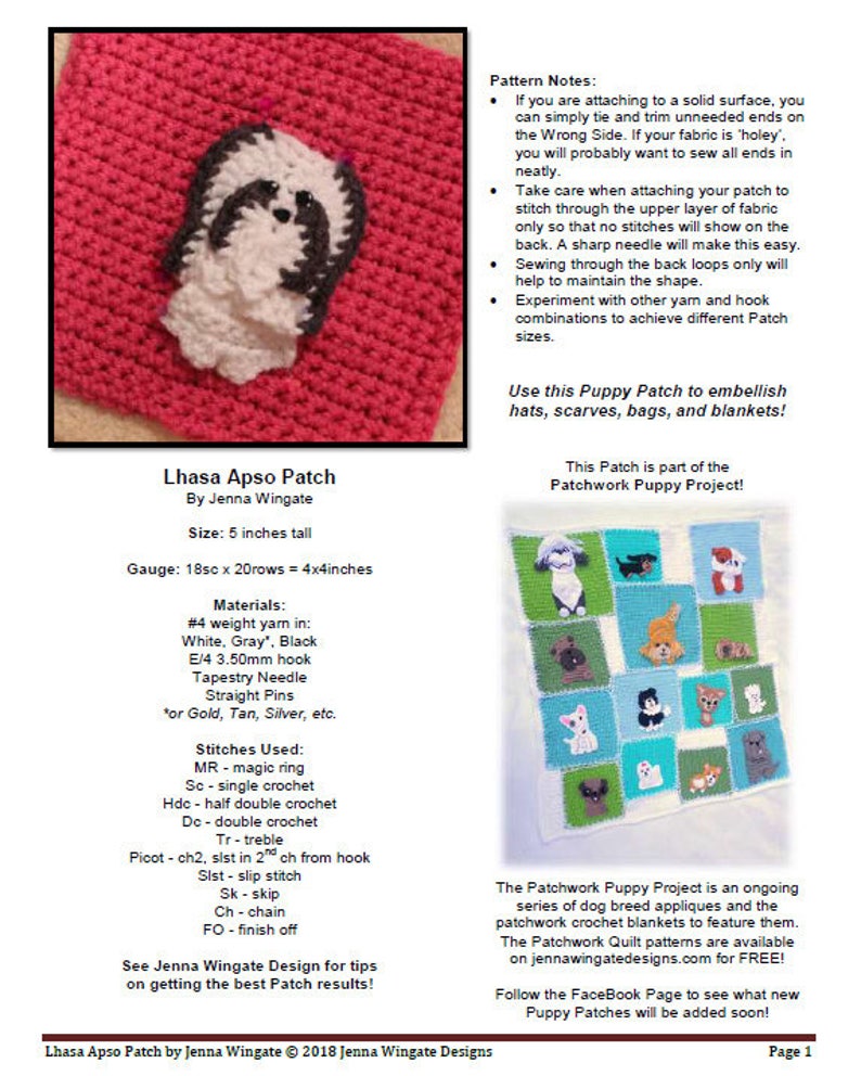 May include: A crochet pattern for a Lhasa Apso puppy patch, measuring 5 inches tall. The pattern includes instructions for creating the patch using a tapestry needle, yarn in white, gray, and black, and a 3.50mm crochet hook. The pattern also includes a photo of a completed Lhasa Apso patch and a photo of a patchwork quilt featuring various dog breed patches.
