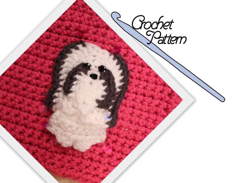 May include: A crochet pattern for a pink hat with a white and gray Shih Tzu dog applique. The pattern includes a crochet hook.