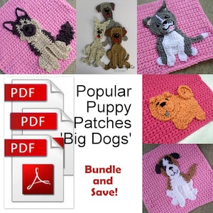 Può includere: Un download digitale di schemi di uncinetto per cinque razze di cani diverse. Gli schemi sono per 'Cani Grandi' e includono un pastore tedesco, un bulldog, un chow chow, un san bernardo e un labrador retriever. Gli schemi sono disponibili in bundle e includono un download PDF.