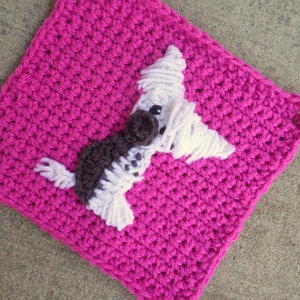 May include: A pink crocheted square with a white and brown crocheted dog applique.