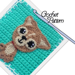 May include: A crochet pattern for a cute brown and white puppy with big eyes. The pattern is shown on a turquoise crochet square with a white border. The text "Crochet Pattern" is visible in the image.