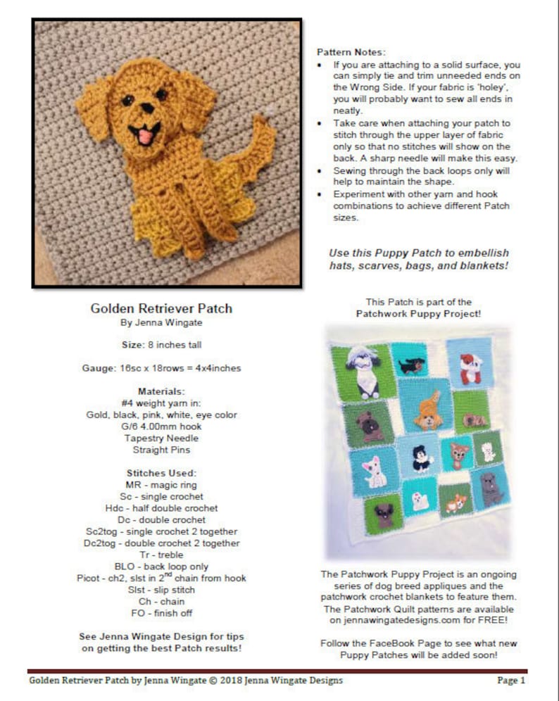 Peut inclure: Un mod&egrave;le de crochet pour un patch de chiot golden retriever, mesurant 20 cm de haut. Le mod&egrave;le comprend des instructions pour cr&eacute;er le patch en utilisant divers points, notamment le point simple, le point demi-double et le point double. Le mod&egrave;le comprend &eacute;galement une liste des mat&eacute;riaux n&eacute;cessaires, tels que du fil de couleur or, noir, rose, blanc et couleur des yeux, un crochet de 4,00 mm de taille G/6, une aiguille &agrave; tapisserie et des &eacute;pingles droites.