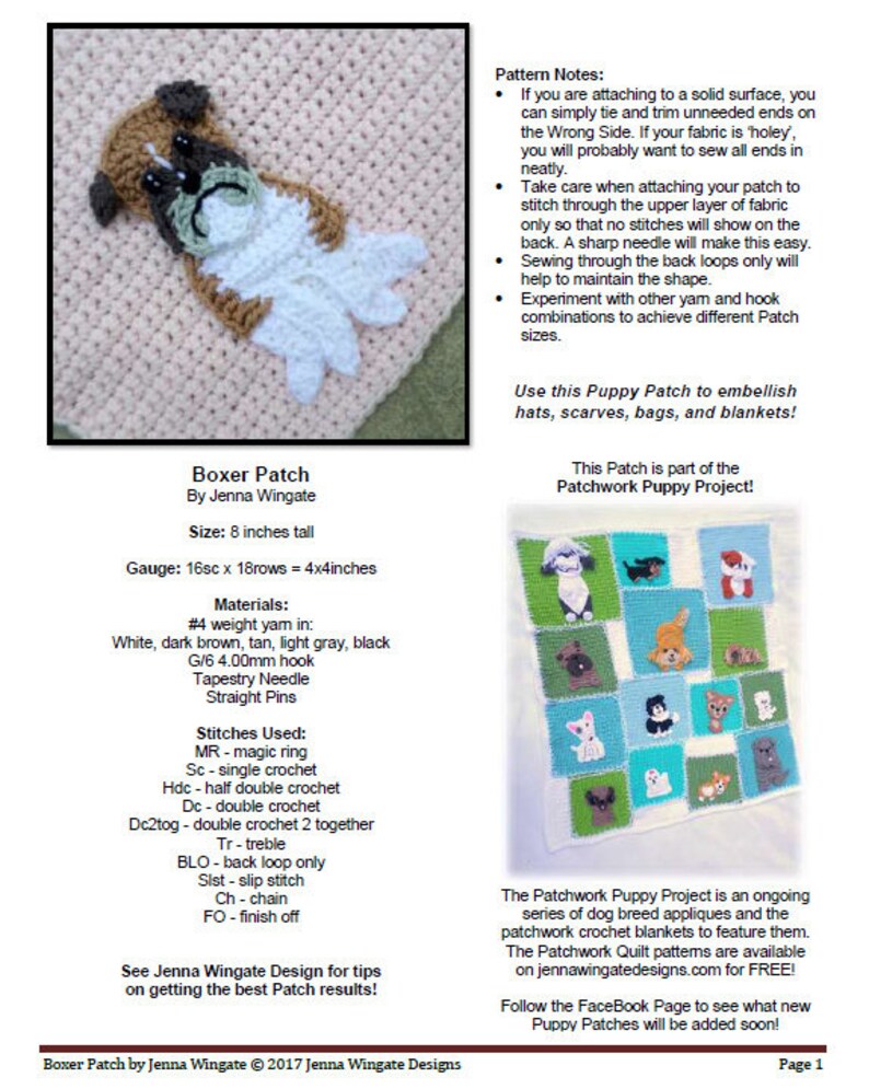 Op de afbeelding: Een haakpatroon voor een boxerhond-applique. Het patroon bevat instructies voor het maken van de applique, evenals een lijst met benodigde materialen en steken. Het patroon maakt deel uit van een groter project genaamd Patchwork Puppy Project, dat een reeks hond-appliques van verschillende rassen omvat.