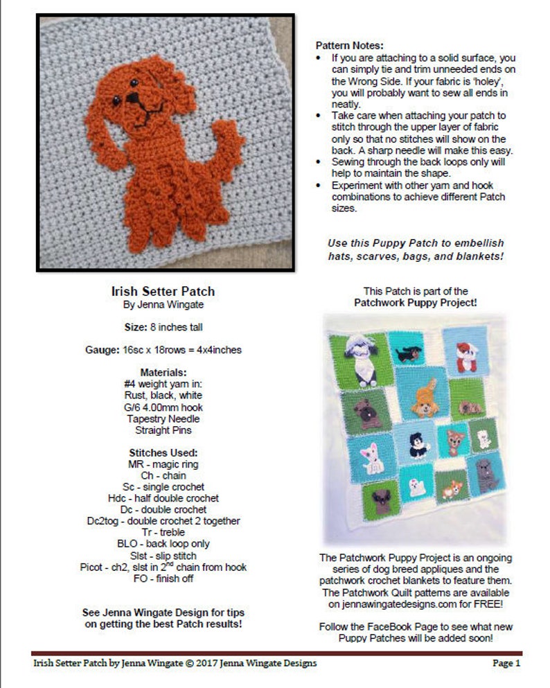 K&ouml;nnte beinhalten: Ein H&auml;kelmuster f&uuml;r eine Applikation eines Irish Setter Hundes, die 20 cm gro&szlig; ist. Das Muster enth&auml;lt Anweisungen zum Erstellen der Applikation mit verschiedenen H&auml;kelstichen, darunter feste Maschen, halbe St&auml;bchen, St&auml;bchen und Doppelst&auml;bchen. Das Muster enth&auml;lt auch eine Liste der ben&ouml;tigten Materialien, wie z. B. Garn, eine H&auml;kelnadel und eine Gobelinnadel.