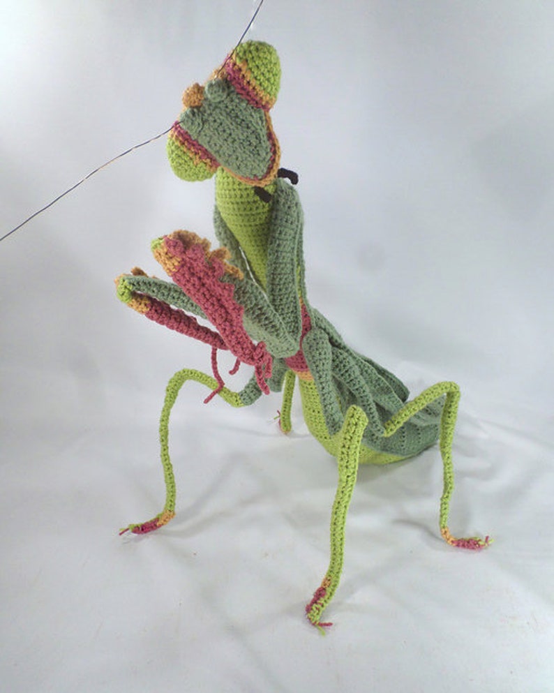 May include: A handmade crochet praying mantis in shades of green, pink, and yellow. The insect has detailed features, including large eyes, spiky legs, and outstretched arms. The crochet work is intricate, showcasing the texture and form of the insect.
