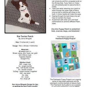 May include: A crochet pattern for a Rat Terrier puppy patch. The pattern includes instructions for making the patch, a list of materials needed, and a gauge for the project. The pattern is part of the Patchwork Puppy Project, which features a series of dog breed appliques and patchwork crochet blankets.