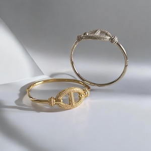 Simulated Diamond Puffed Mariner Link Oval Bangle Bracelet