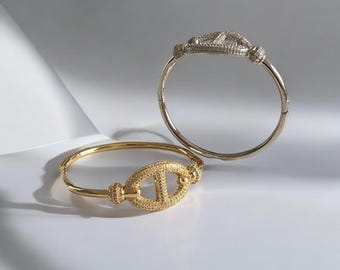 Simulated Diamond Puffed Mariner Link Oval Bangle Bracelet