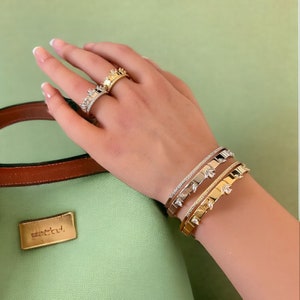 Radiant Cubic Zirconia Cuff Bangle and Ring Set: 18K Gold & Rhodium Plating