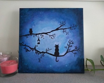 Moonlight Cat Silhouette Painting Canvas