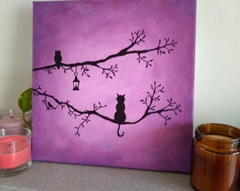 Purple Haze Cat Silhouette Painting Canvas