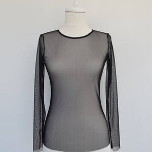 Black Mesh Top Fine Lace Long Sleeve Elastic Tulle Blouse