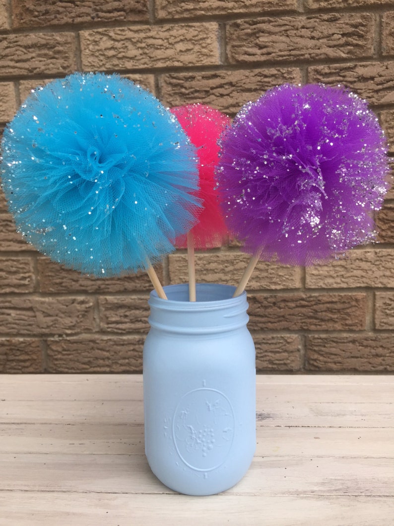 Mason jar and tulle pompoms centerpiecesFrozen Party Etsy