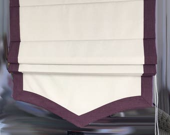 Custom Flat Linen Roman Shade, White & Plum Border, Scalloped Bottom