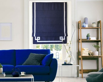 Cordless Roman Shade, Flat Roman Shade "Greek Key Border", Navy roman shade with White ribbon , Custom Roman Shades, Window Treatments