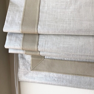 Linen Roman Shades &quot;Shimmer Silver Medal with trim Heart Taupe&quot;, Cordless roman shades, Window treatments, Custom relaxed roman shades
