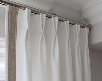 Custom Pinch Pleated Drapery Panel, Faux Linen, Greek Key Trim