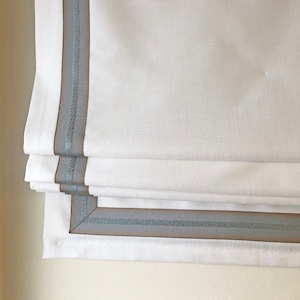 Relaxed Roman Shades &quot;Tuscany Oyster with Decorative Trim&quot;, 100% linen roman shade with chain mechanism, custom shades, window treatments