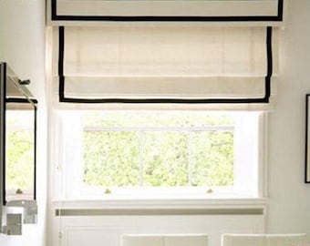 Cream Relaxed Roman Shade with Black Grosgrain Ribbon Border