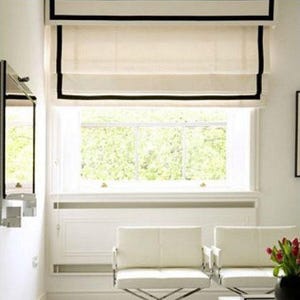 Relaxed Roman Shade, Cream Shade with Decorative 1&quot; Grosgrain Ribbon, roman shades with 3 sides inset border and valance, chain mechanism