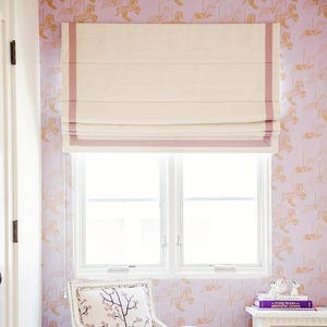 Custom Roman Shades, Cream with Camellia border, Linen roman shades, Roman shades with chain mechanism, Window treatments