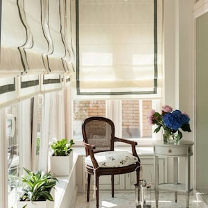 Relaxed Roman Shades, 100% Linen Roman Shade &quot;Natural with Pine Border&quot;, window treatment, Custom made sheer shades with chain mechanism