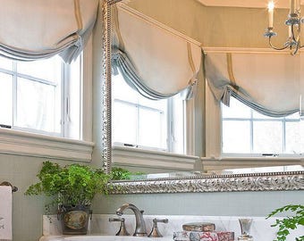 Relaxed Roman Shades,  White Linen with 1.5" border, with chain mechanism, European Relaxed Roman shade, custom made window treatment