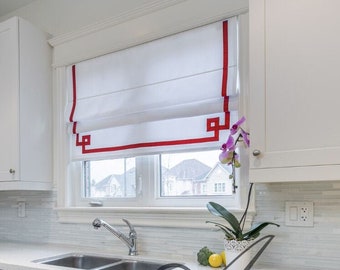 Custom Flat Roman Shade, White Linen, Red Greek Key Trim