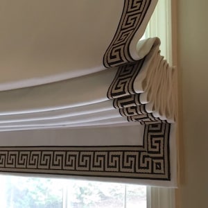Custom roman shade, Relaxed Roman Shades, Roman Shade with Greek Key Trim, Roman shade with chain mechanism, Window Treatments