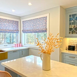 Custom Relaxed Roman Shade | Cherry Blossoms Periwinkle Fabric | Soft Fold Roman Shade | Spoonflower Fabric | Custom Window Treatment