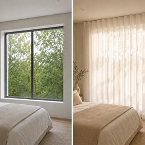 Before and after - bedroom window bare, then dressed with white sheer ripple fold curtains on a ceiling mounted drapery track for a soft hotel look