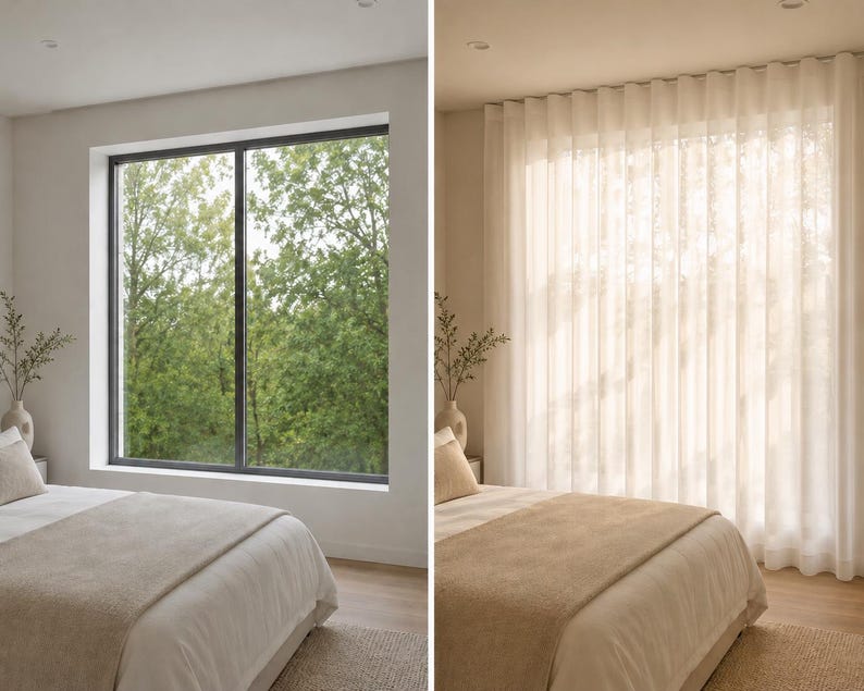 Before and after - bedroom window bare, then dressed with white sheer ripple fold curtains on a ceiling mounted drapery track for a soft hotel look