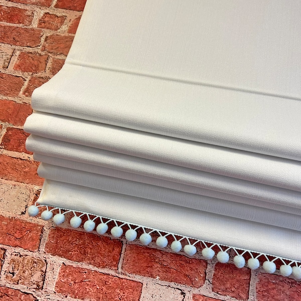 Cordless Cotton Roman Shade with Pom Pom Trim