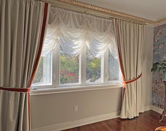 Custom Drapery, Curtains Cheval with Heart Trim, French Pleat, Solid coloured drapery with lining, Curtains with lining, custom length