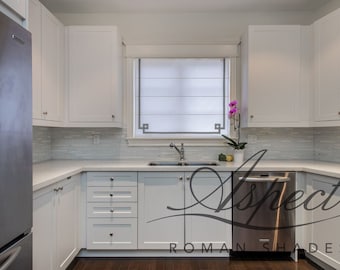 Custom Flat Roman Shade, White Faux Linen with Silver Greek Key Border