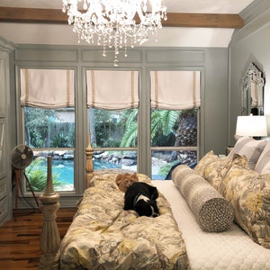 Custom Roman Shade, Cheval White with Chain Trim, roman shade with chain mechanism, roman shades for windows, window treatments