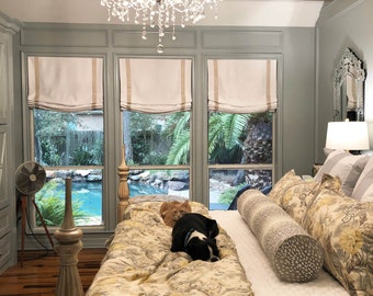 Cordless Roman Shade, Cheval White with Chain Trim, custom roman shade, European relaxed shade, window treatment