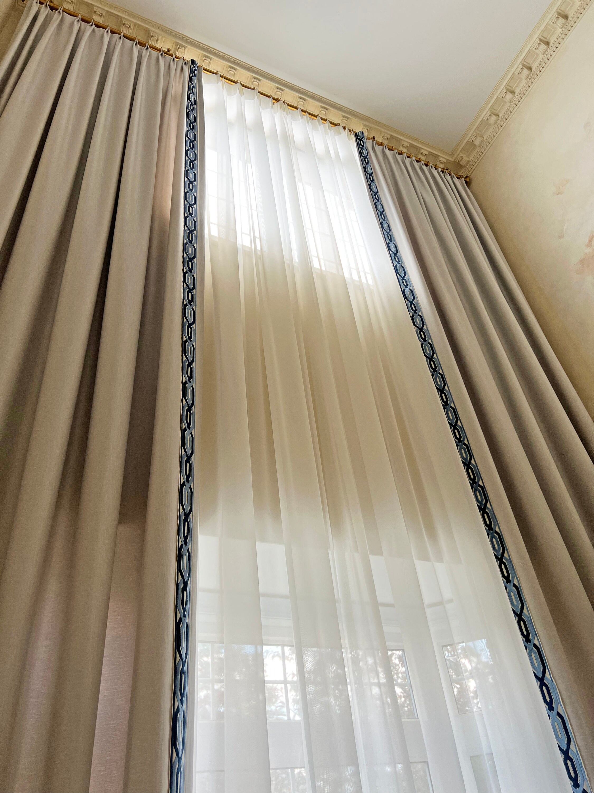 Custom Drapery With Trend Trim, Cheval Fog, French Pleat, Solid ...