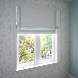 Custom Flat Roman Shade &quot;Cheval White with Aqua Border&quot;, linen roman shade with chain mechanism, custom made roman shades, window treatments