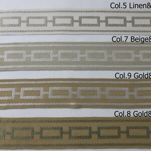 May include: Four samples of trim fabric with different colour combinations. The top sample is linen and taupe, the second is beige and silver, the third is gold and silver, and the bottom is gold and olive.