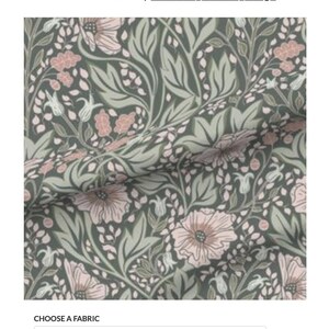 May include: A dark green fabric with a floral pattern in pink. The fabric is called "Arts and Crafts Floral Pattern in Dark Green and Pink. Fabric by elizabeth_hanwell_design".